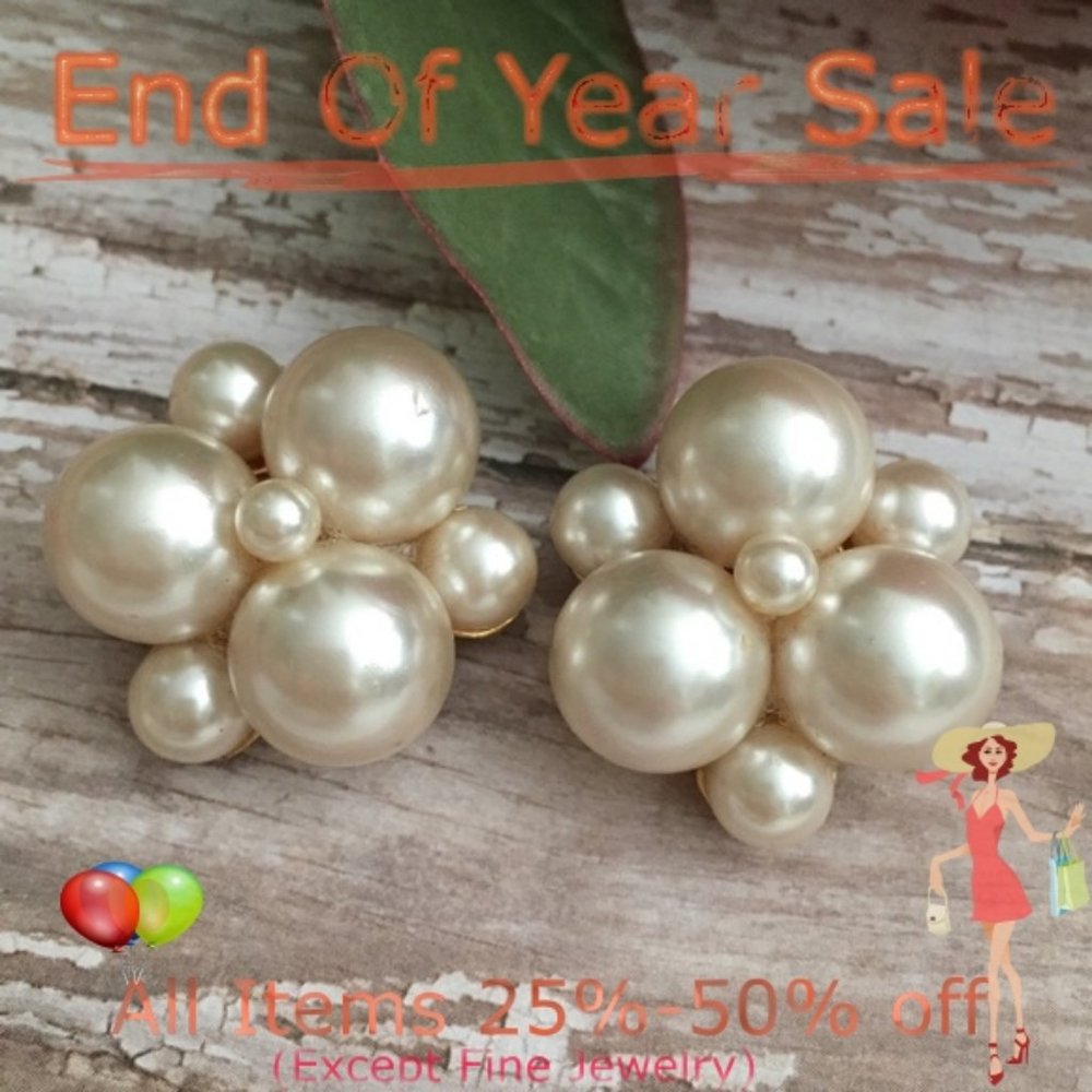Vintage Faux Pearl Clip on Earrings 1.4”